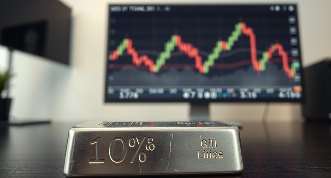 Silver bar on dark wood surface with blurred trading chart in background