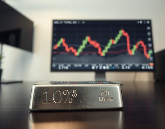 Silver bar on dark wood surface with blurred trading chart in background