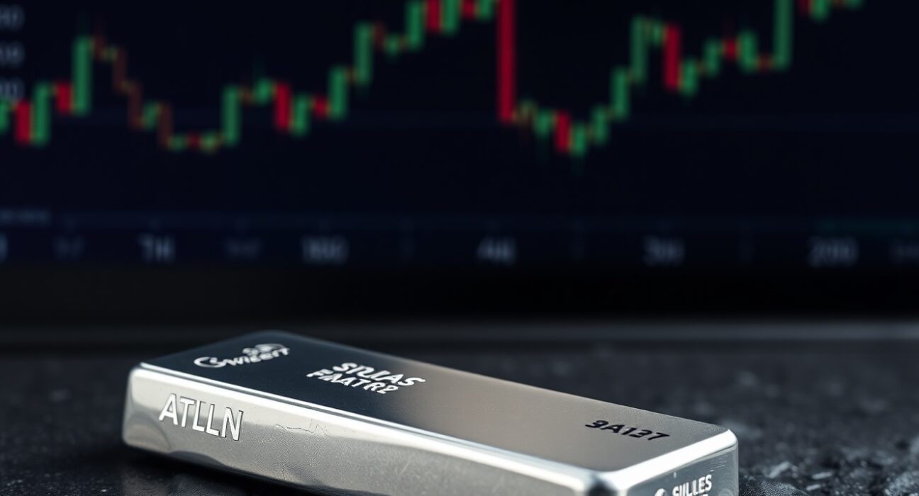 Silver bar resting on dark stone surface with blurred financial charts in background