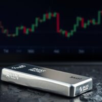 Silver bar resting on dark stone surface with blurred financial charts in background