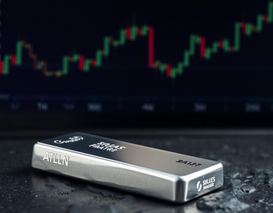 Silver bar resting on dark stone surface with blurred financial charts in background