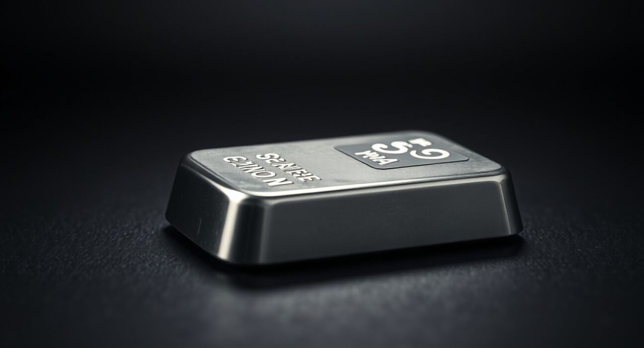 Close-up of a polished silver bar on a dark surface, representing precious metals market trends.