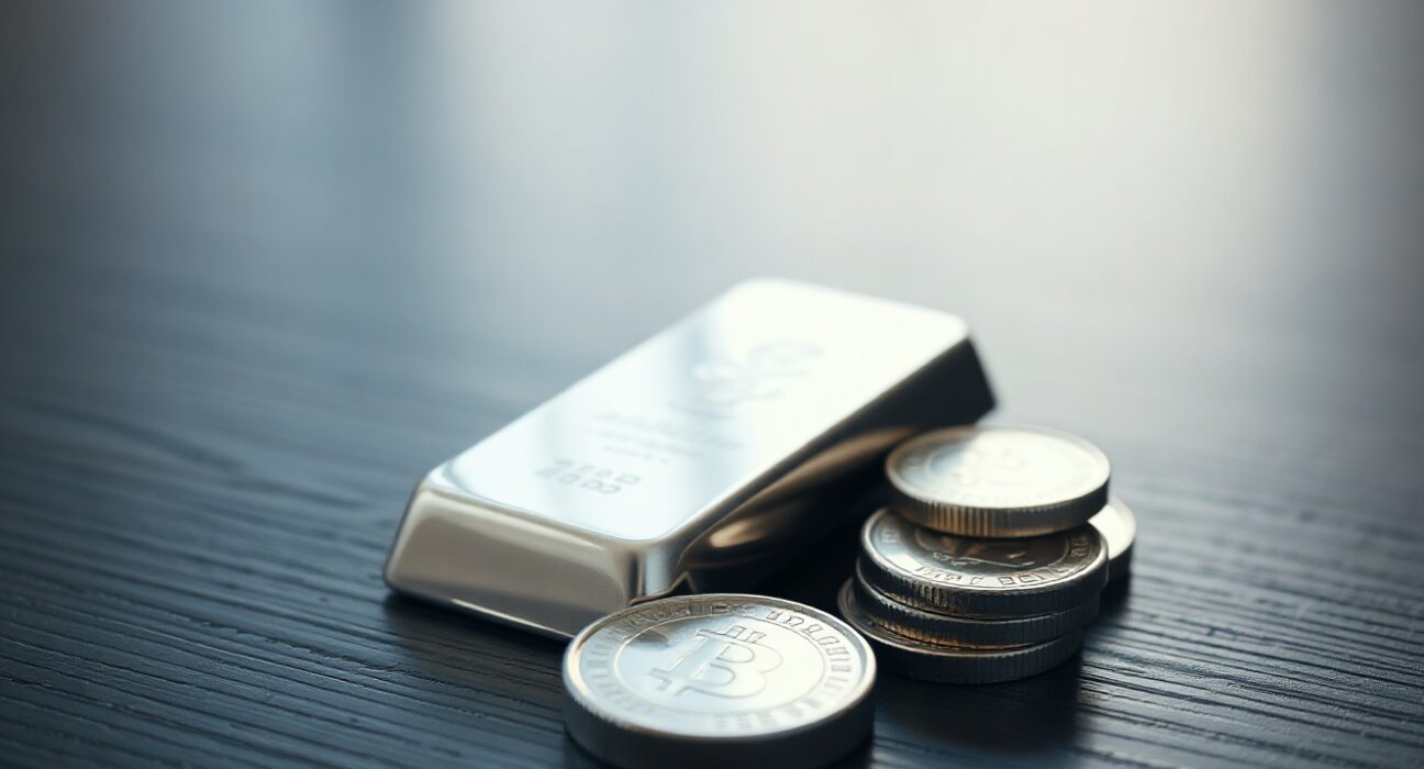 Close-up of silver bars and coins on a dark surface with soft natural lighting, representing precious metals market analysis.