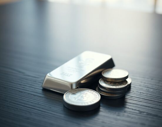 Close-up of silver bars and coins on a dark surface with soft natural lighting, representing precious metals market analysis.