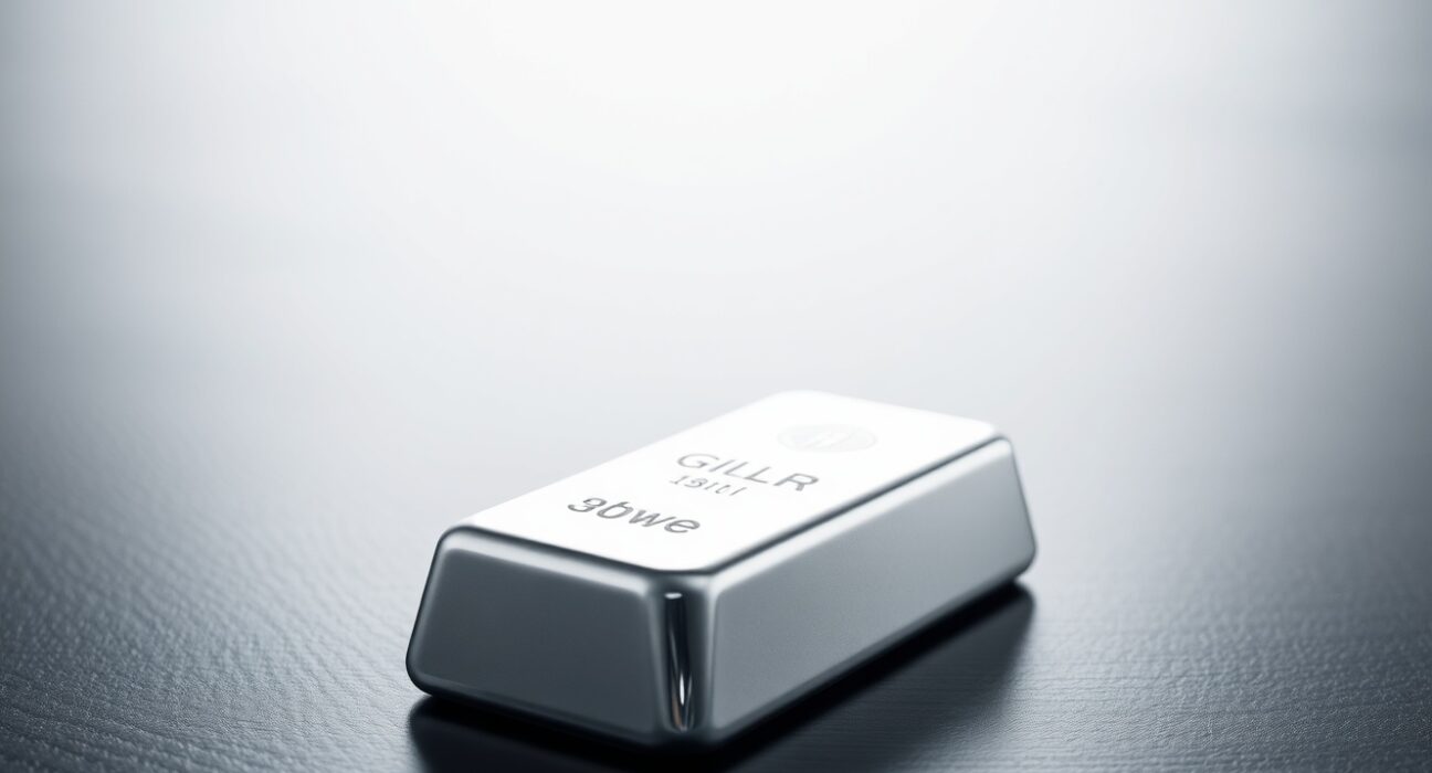 Silver bar on dark wood surface with chart lines in background representing price analysis
