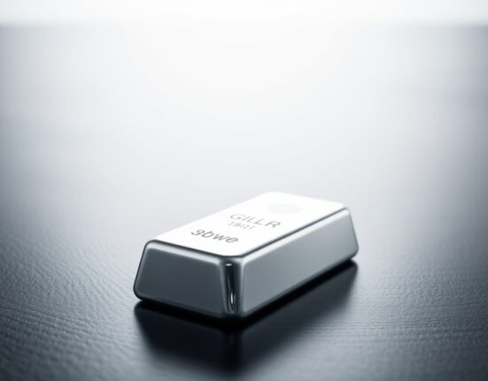 Silver bar on dark wood surface with chart lines in background representing price analysis