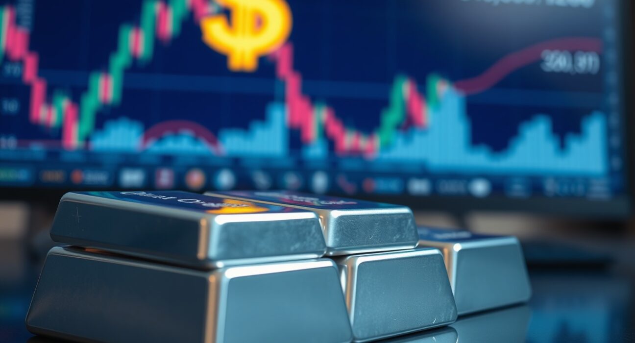 Silver bullion bars in foreground with financial charts and US Dollar symbol in blurred background.