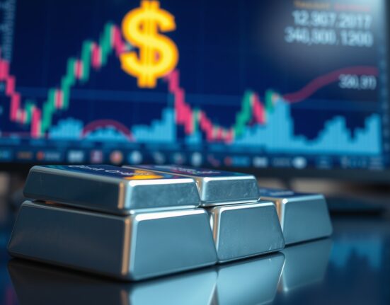 Silver bullion bars in foreground with financial charts and US Dollar symbol in blurred background.