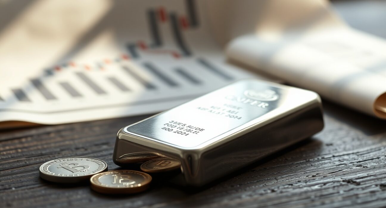 Silver bar and coins on a dark surface with soft natural light, representing precious metals market and price analysis.