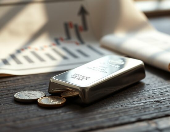 Silver bar and coins on a dark surface with soft natural light, representing precious metals market and price analysis.