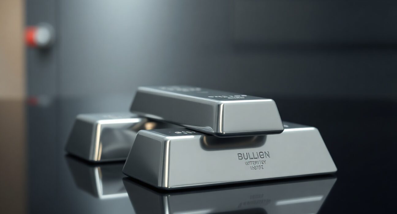Stacked silver bullion bars on reflective surface with soft lighting