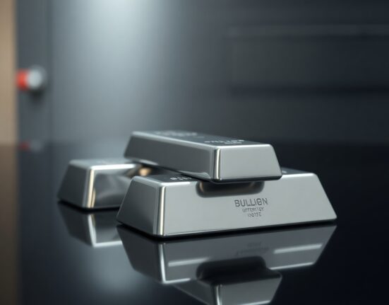 Stacked silver bullion bars on reflective surface with soft lighting