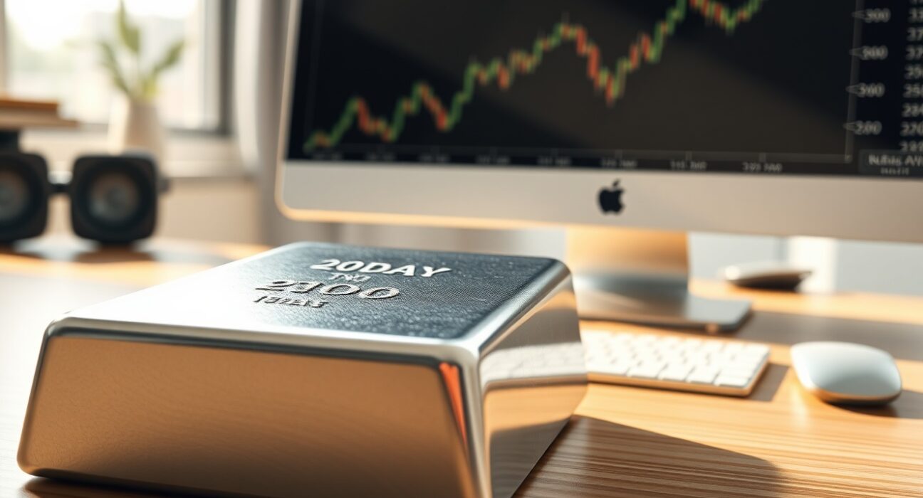 Silver price forecast analysis showing silver bullion with financial market charts in background