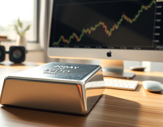 Silver price forecast analysis showing silver bullion with financial market charts in background