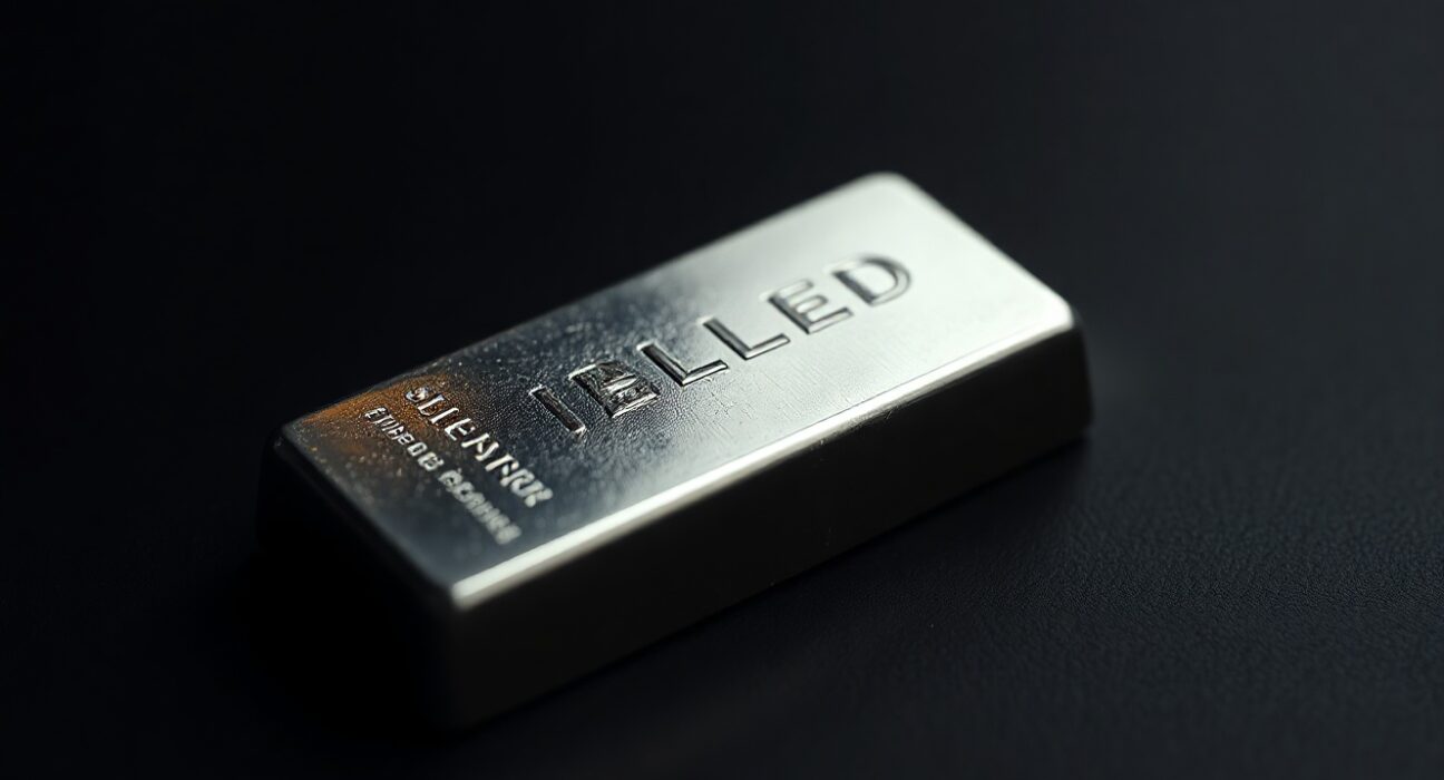 Silver bar on dark surface with soft lighting, representing precious metals market and silver price analysis.