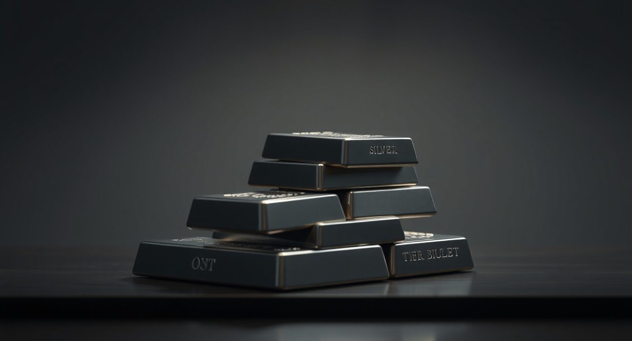 Stack of silver bullion bars on dark surface with soft lighting