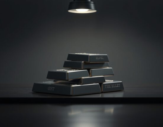 Stack of silver bullion bars on dark surface with soft lighting