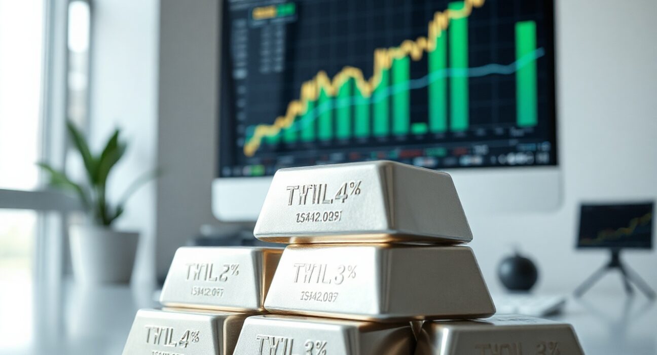 Silver bullion bars in foreground with financial charts in background showing an upward trend.