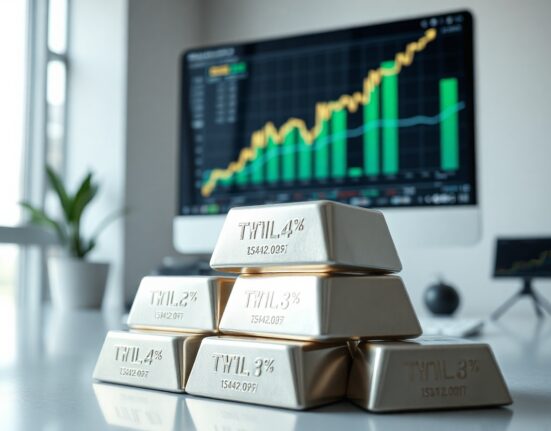 Silver bullion bars in foreground with financial charts in background showing an upward trend.