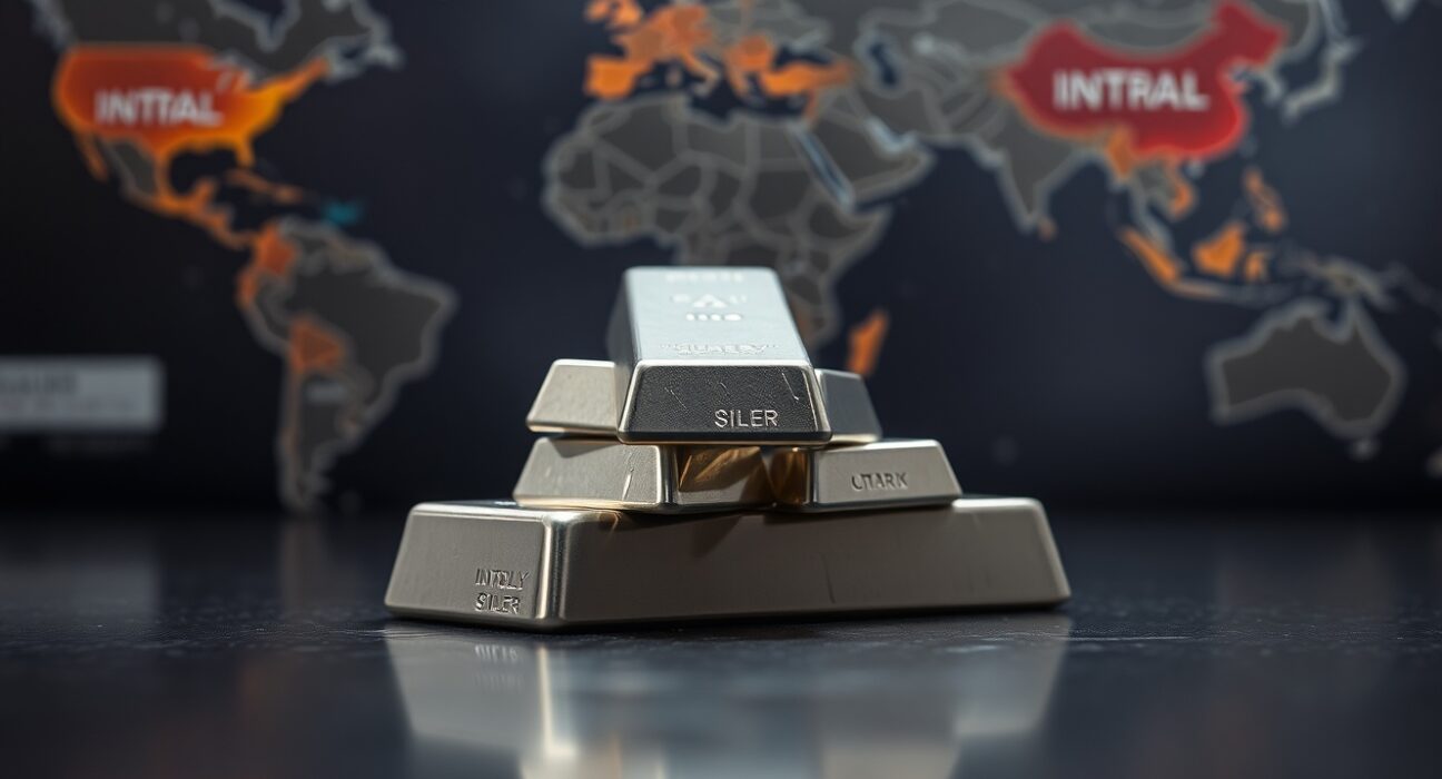 Silver bullion bars on dark surface with geopolitical backdrop