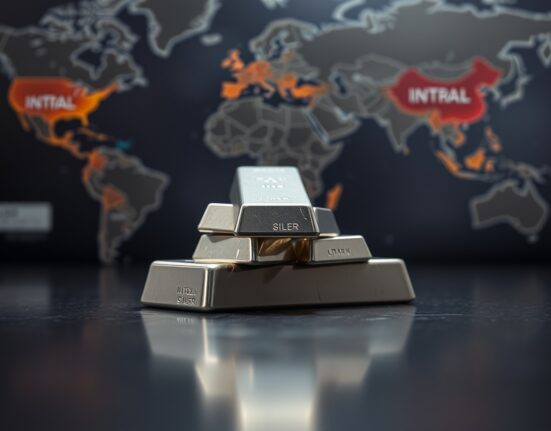 Silver bullion bars on dark surface with geopolitical backdrop