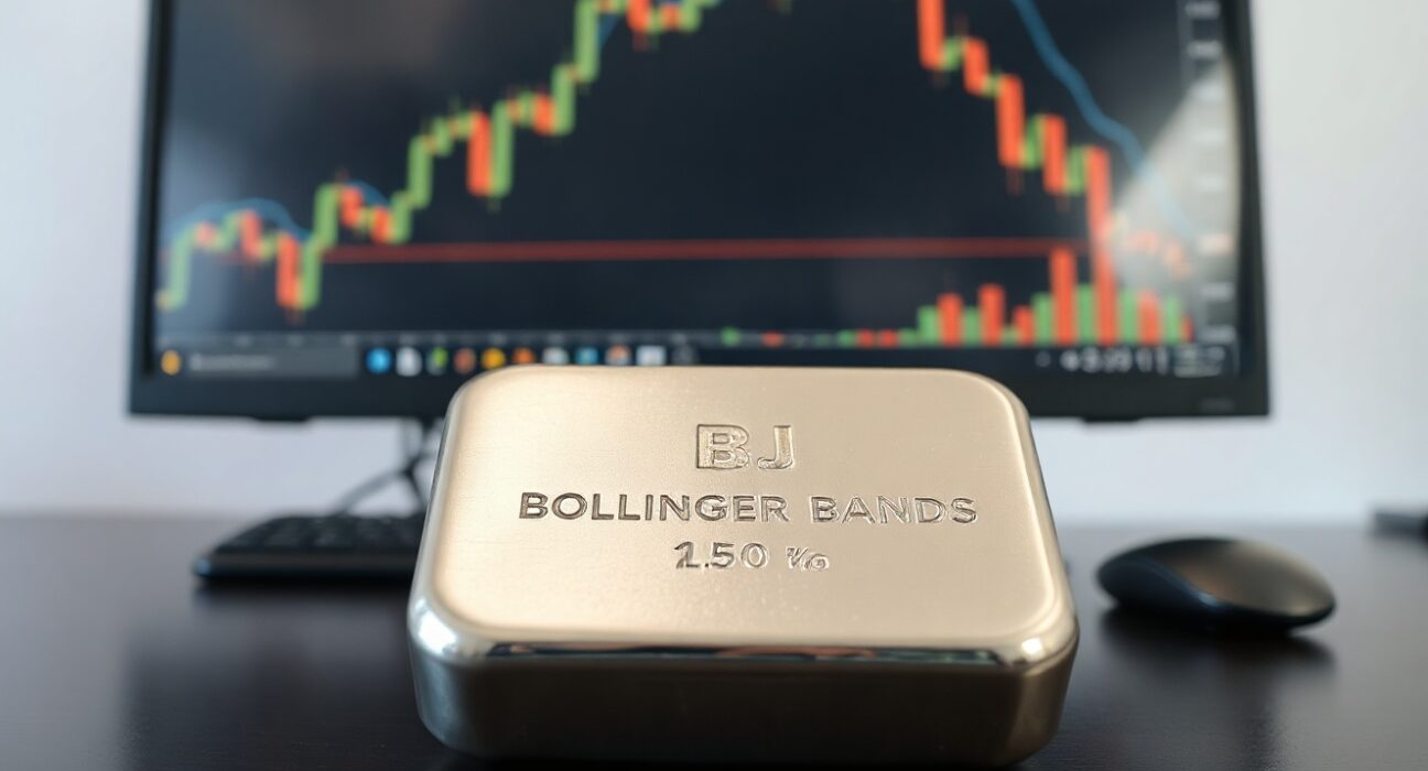 Silver bar on desk with trading chart showing Bollinger Bands in background