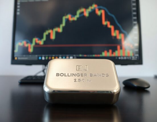 Silver bar on desk with trading chart showing Bollinger Bands in background