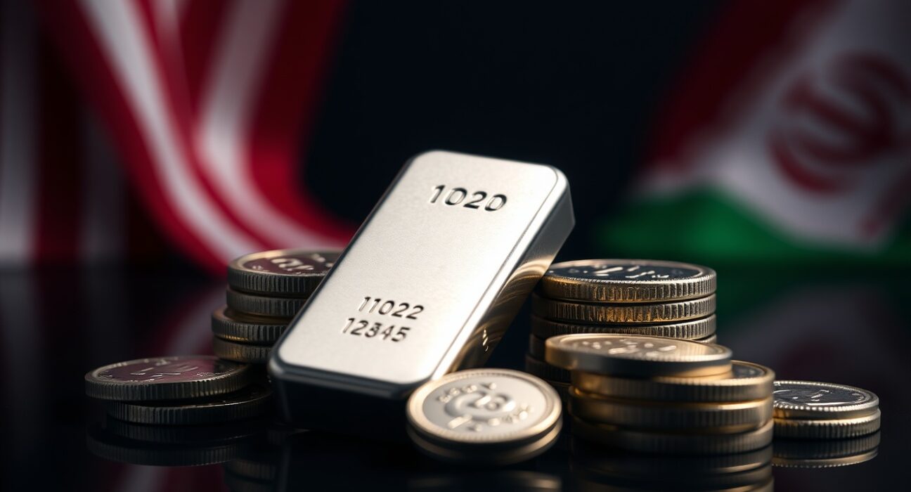 Silver bullion bars and coins with blurred US and Iranian flags in background, representing geopolitical influence on silver prices.