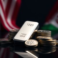 Silver bullion bars and coins with blurred US and Iranian flags in background, representing geopolitical influence on silver prices.