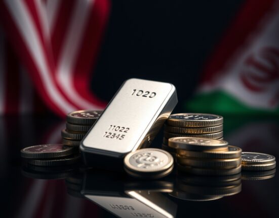 Silver bullion bars and coins with blurred US and Iranian flags in background, representing geopolitical influence on silver prices.