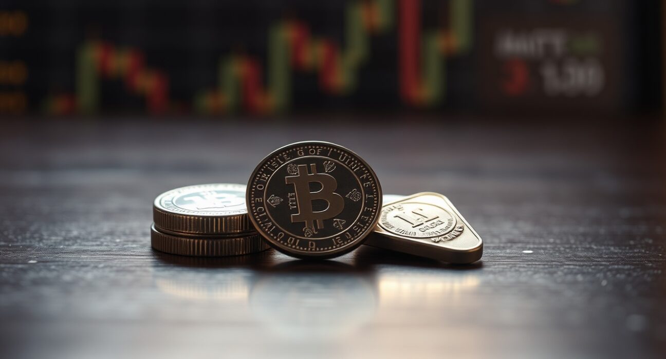 Silver bullion coins and bars on a dark surface with soft spotlight, representing precious metals market analysis.