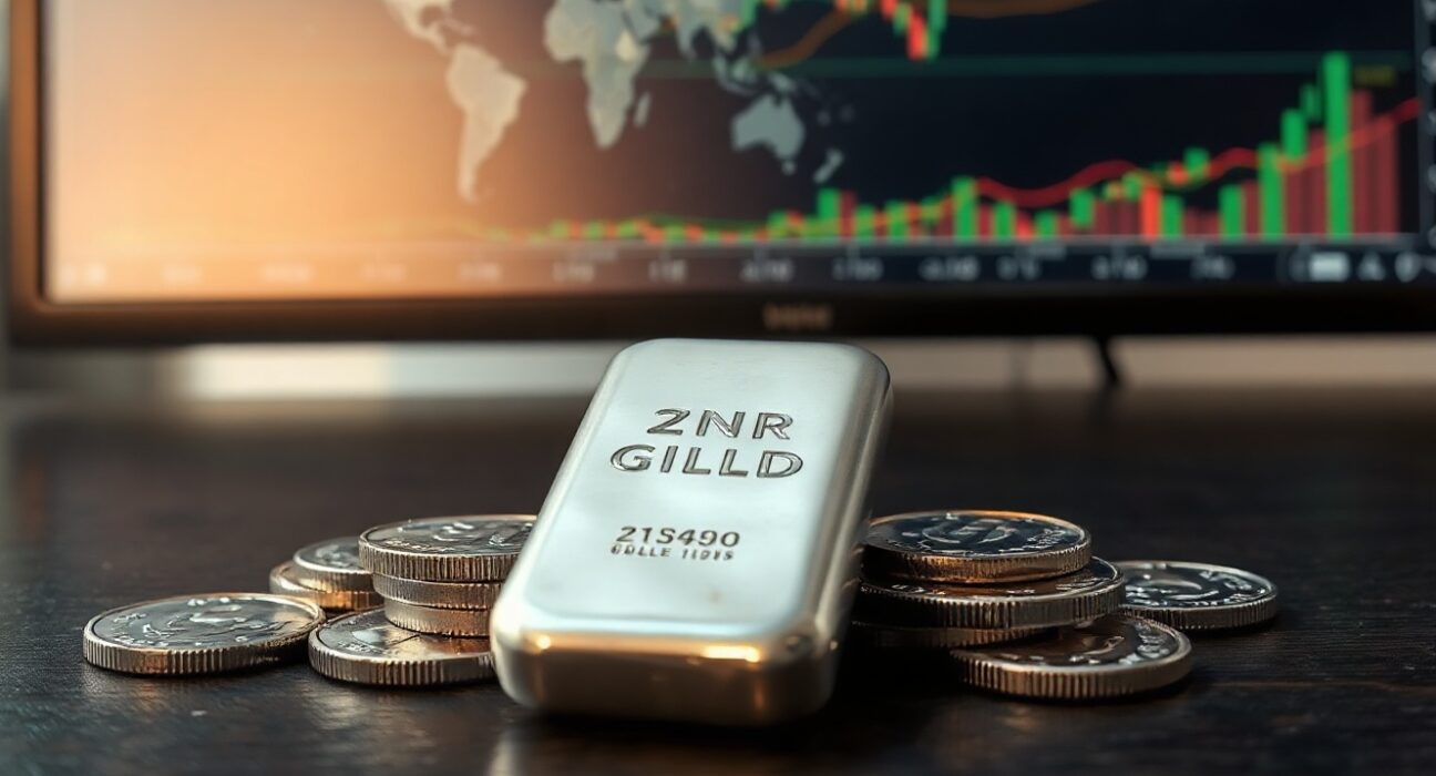 Silver bar and coins on dark wood with financial charts in background