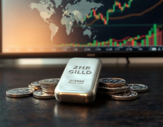 Silver bar and coins on dark wood with financial charts in background