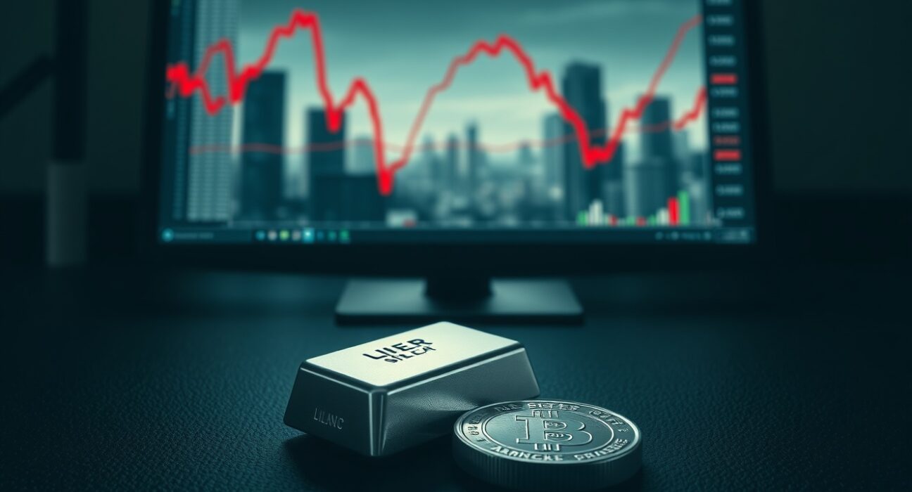 Silver bar and coin with downward chart representing silver price forecasts amid risk aversion