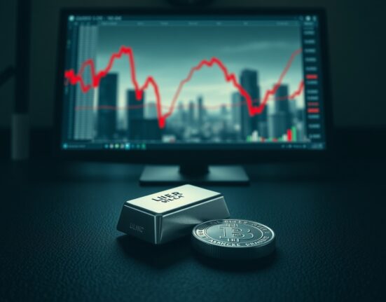 Silver bar and coin with downward chart representing silver price forecasts amid risk aversion