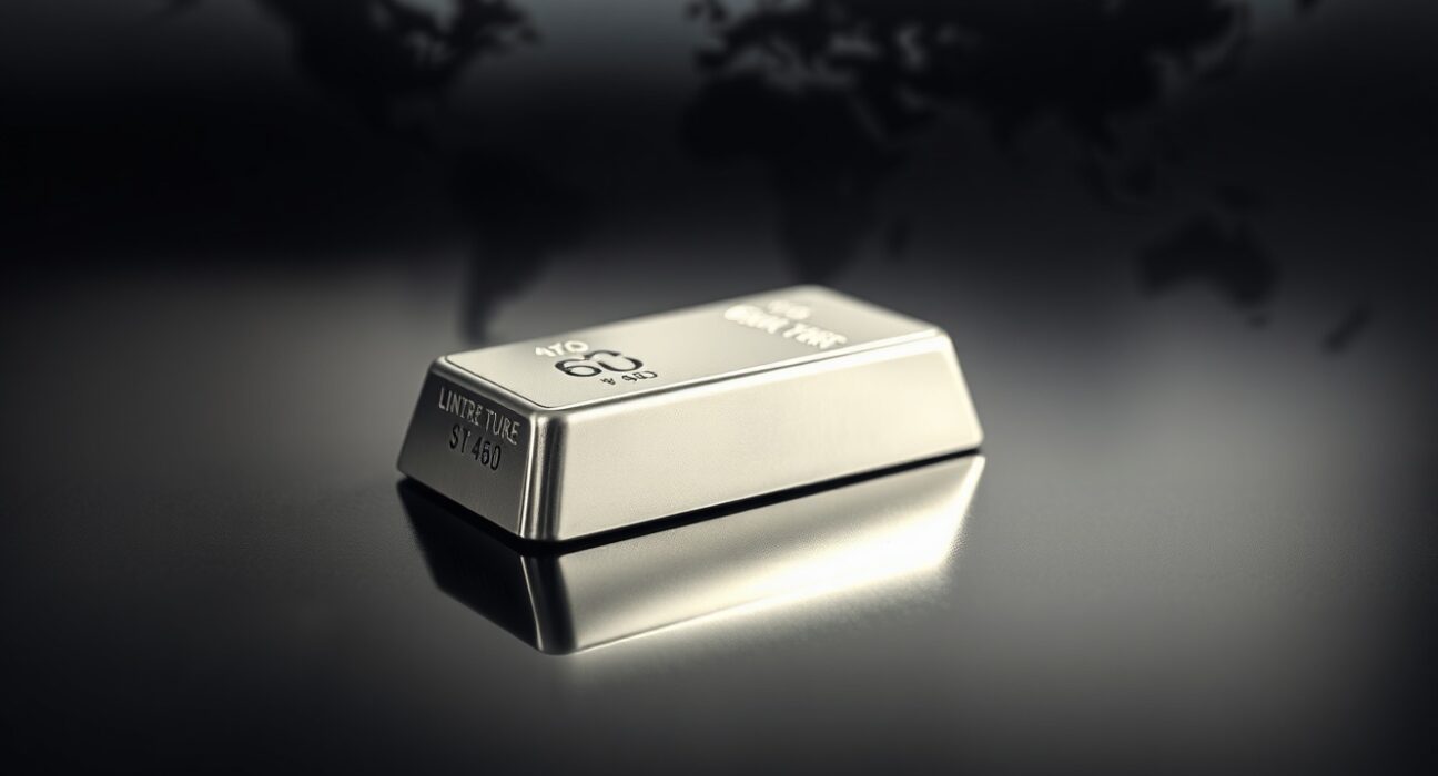 Close-up of a polished silver bar on a dark surface with a world map in the background, representing geopolitical and economic factors influencing silver prices.