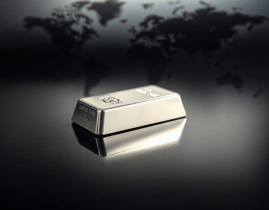 Close-up of a polished silver bar on a dark surface with a world map in the background, representing geopolitical and economic factors influencing silver prices.