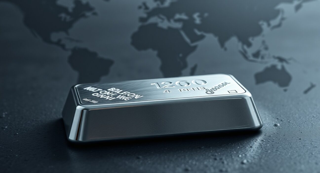 Silver bullion bar representing market volatility amid geopolitical risk and rising yields.