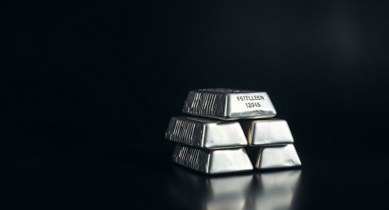 Stack of silver bullion bars on a dark surface with spotlight illumination