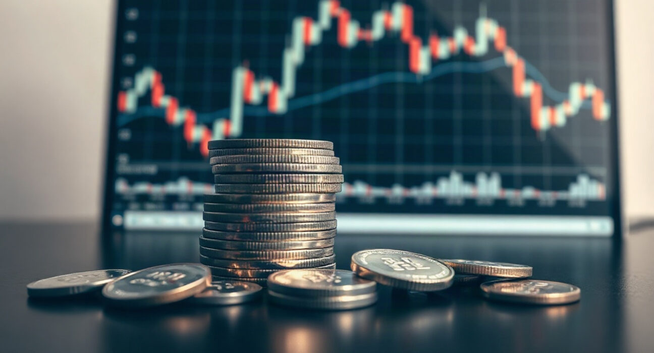 Silver bullion coins and bars on a reflective surface with a price chart in the background