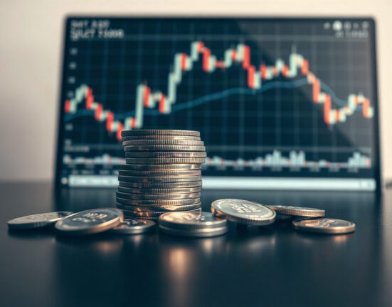 Silver bullion coins and bars on a reflective surface with a price chart in the background