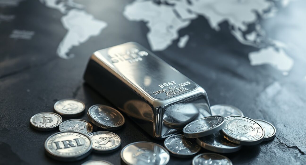 Silver bars and coins on dark surface with world map background, representing precious metals market amid geopolitical uncertainty.