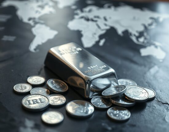 Silver bars and coins on dark surface with world map background, representing precious metals market amid geopolitical uncertainty.