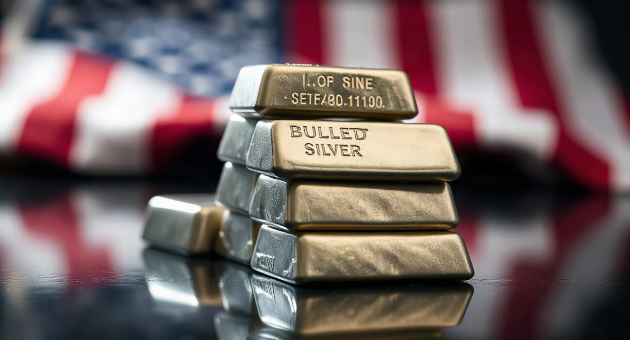 Silver bullion bars stacked on reflective surface with US flag bokeh in background