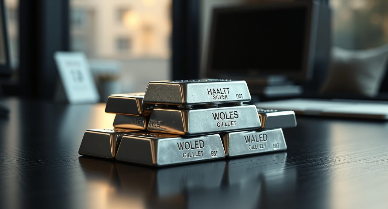 Silver bullion bars stacked on dark surface with soft natural lighting