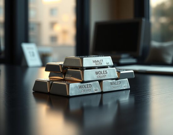 Silver bullion bars stacked on dark surface with soft natural lighting
