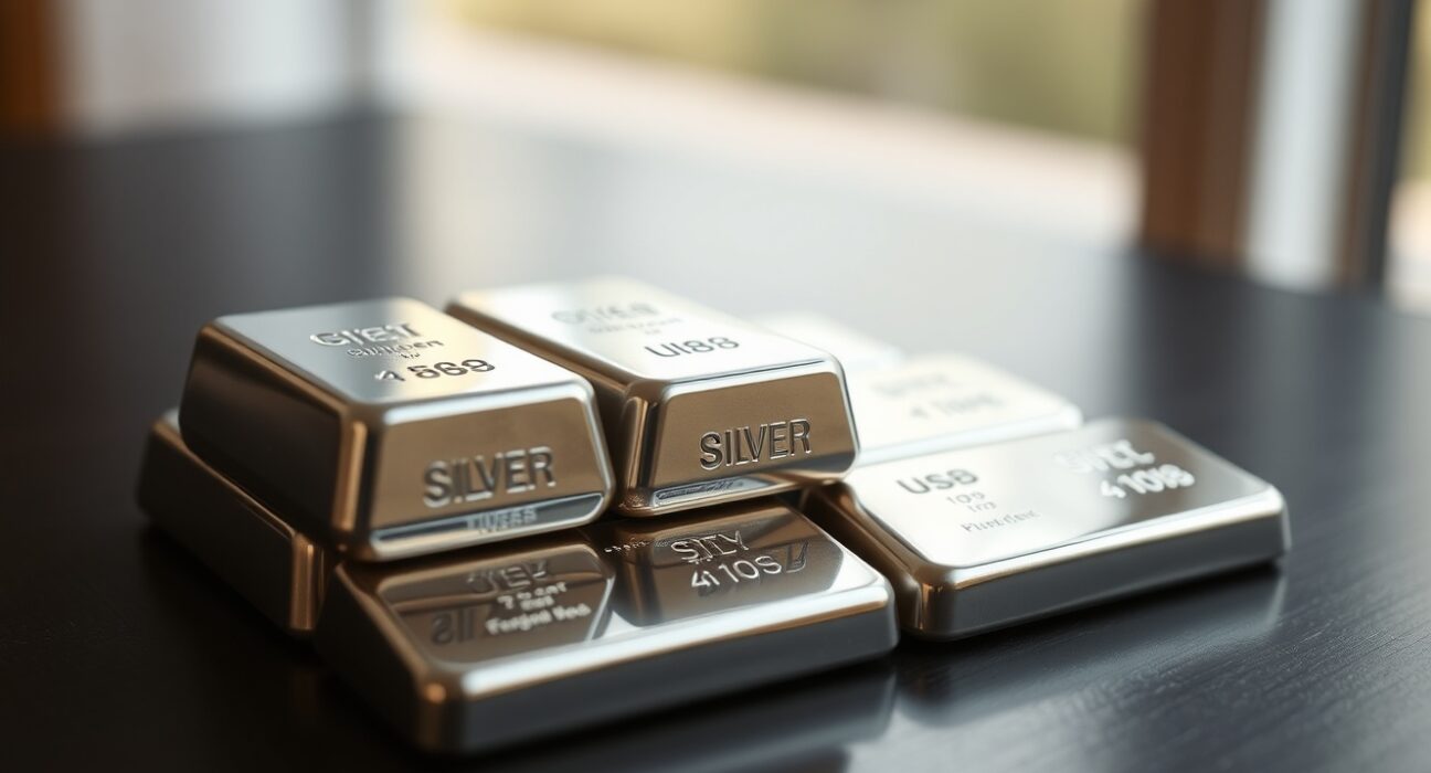 Stack of polished silver bullion bars on dark wood with soft natural lighting