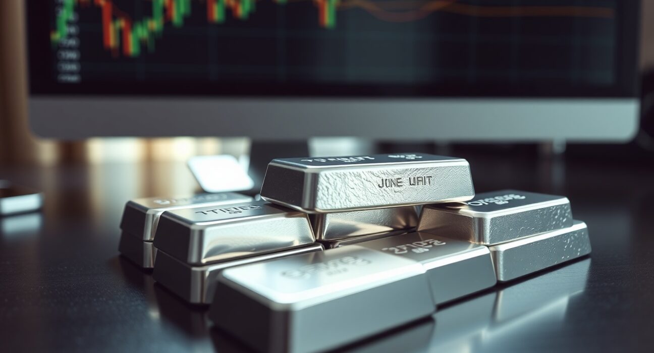 Silver bullion bars on a dark surface with a financial chart in the background