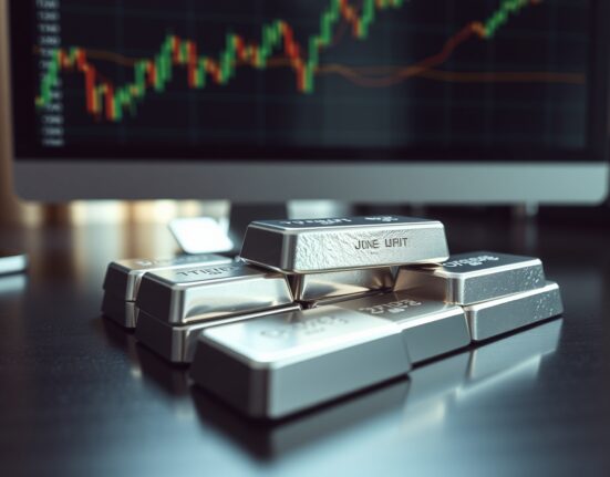 Silver bullion bars on a dark surface with a financial chart in the background