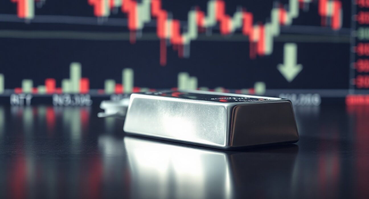 Silver bar on reflective surface with financial charts in background